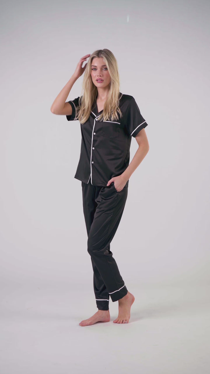 Satin Personalised Pyjama Set - Short Sleeve & Long Pants Black/White