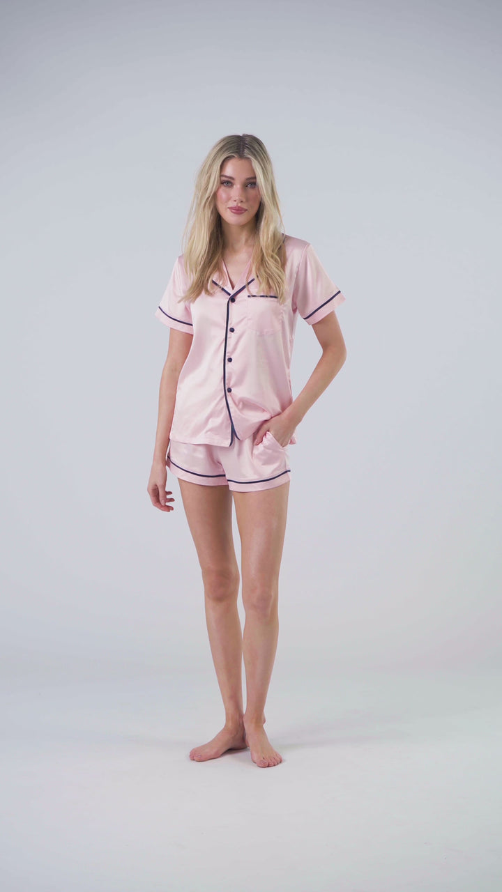 Satin Personalised Pyjama Set - Short Sleeve Pink/Navy