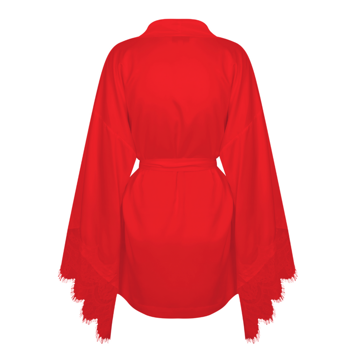 Pre-embroidered Satin Red Lace Short Robe - Red Lace Details