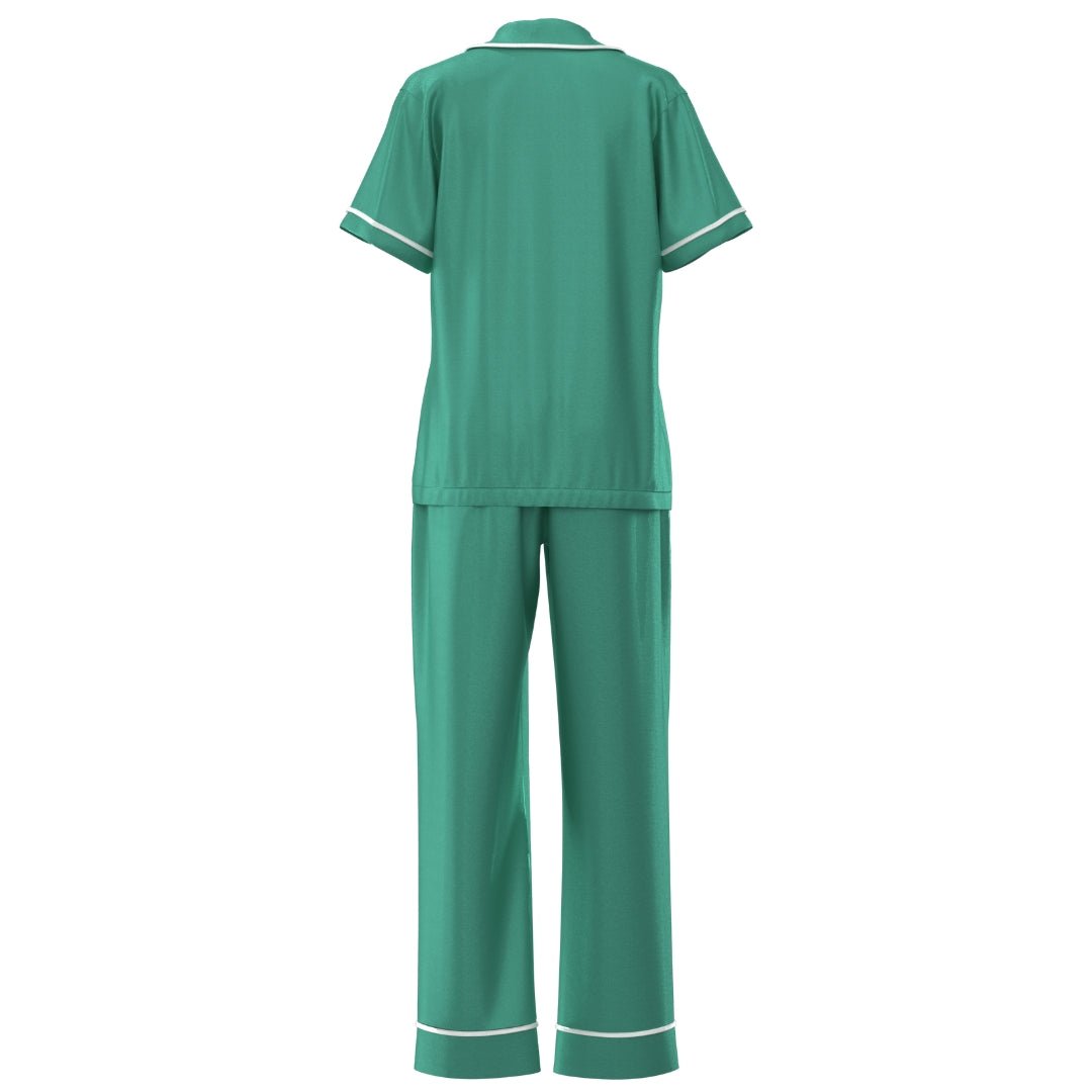 Satin Personalised Pyjama Set - Short Sleeve & Long Pants Emerald Green/White
