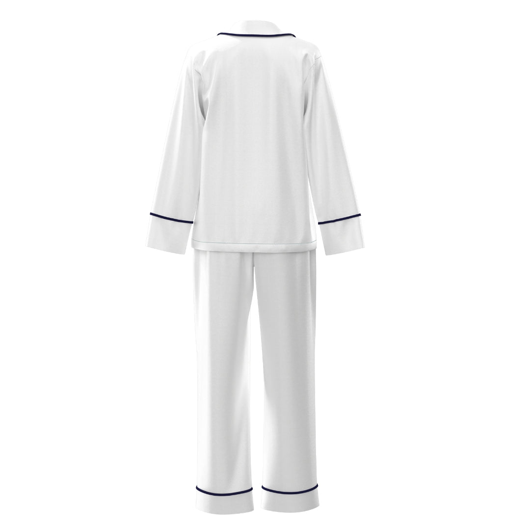 Satin Personalised Pyjama Winter Set - Long Sleeve & Long Pants White/Navy (Faulty/Final Sale)