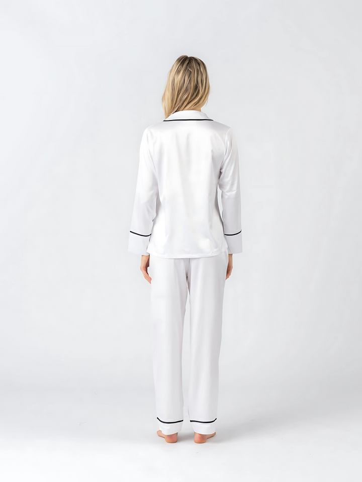 Satin Personalised Pyjama Winter Set - Long Sleeve & Long Pants White/Black