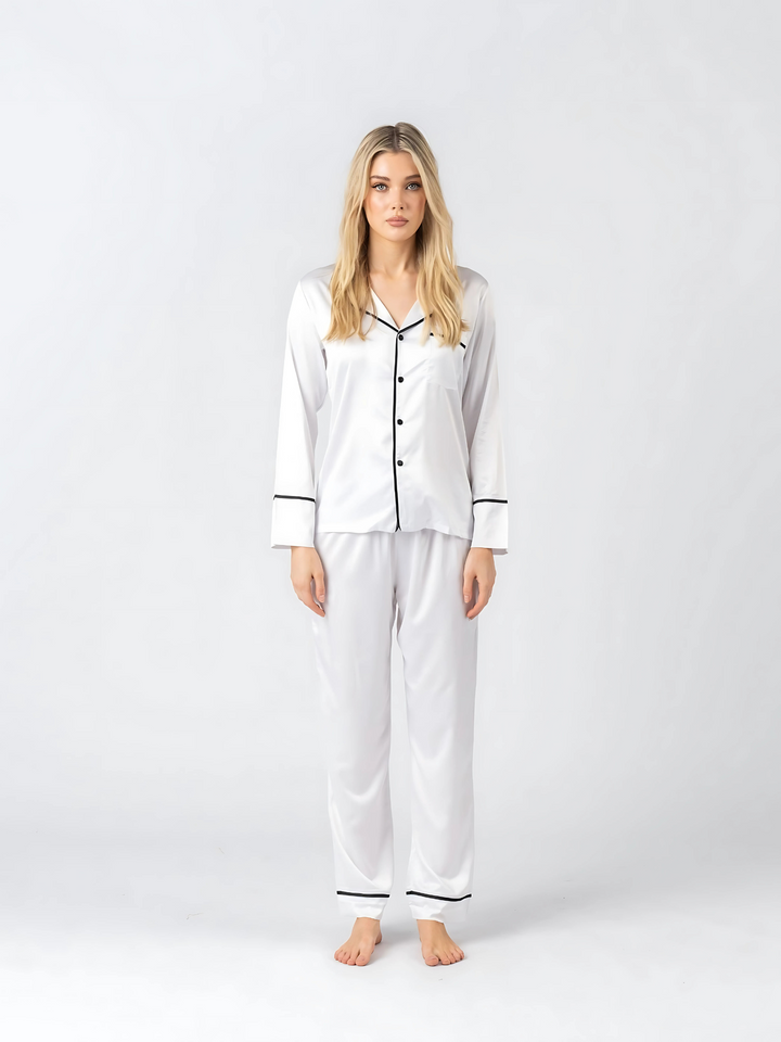 Satin Personalised Pyjama Winter Set - Long Sleeve & Long Pants White/Black