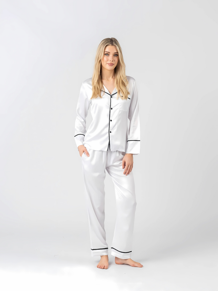 Satin Personalised Pyjama Winter Set - Long Sleeve & Long Pants White/Black