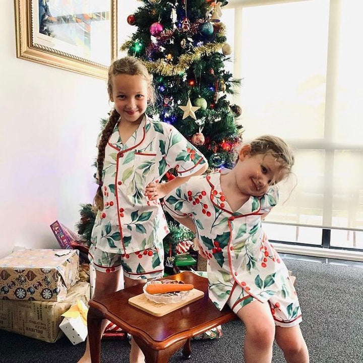 Kids Christmas Satin Personalised Pyjama Set - Mistletoe Print