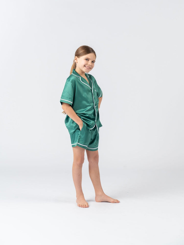 Kids Satin Personalised Pyjama Set - Emerald Green
