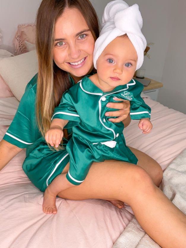 Kids Satin Personalised Pyjama Set - Emerald Green