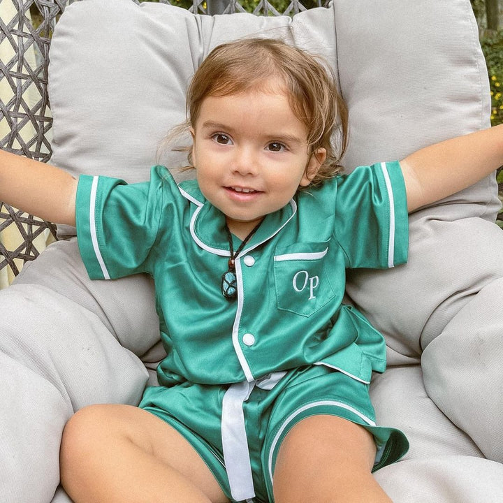 Kids Satin Personalised Pyjama Set - Emerald Green