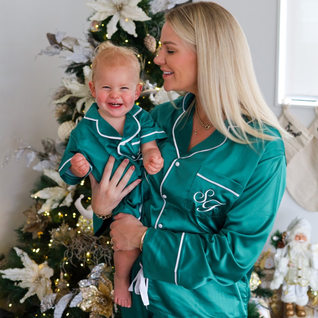 Kids Satin Personalised Pyjama Set - Emerald Green