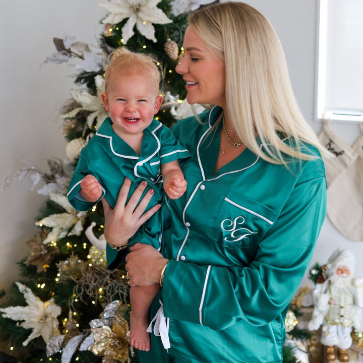 Kids Satin Personalised Pyjama Set - Emerald Green