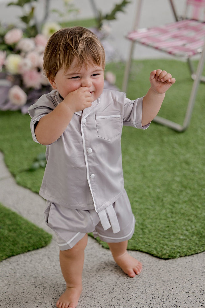 Kids Satin Personalised Pyjama Set - Grey/White