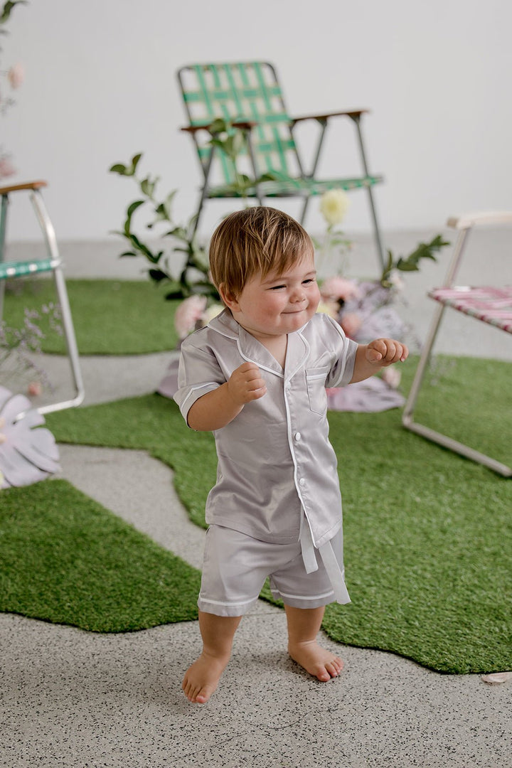Kids Satin Personalised Pyjama Set - Grey/White