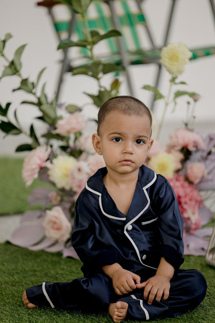 Kids Satin Personalised Pyjama Set - Long Sleeve with Long Pants Navy/White