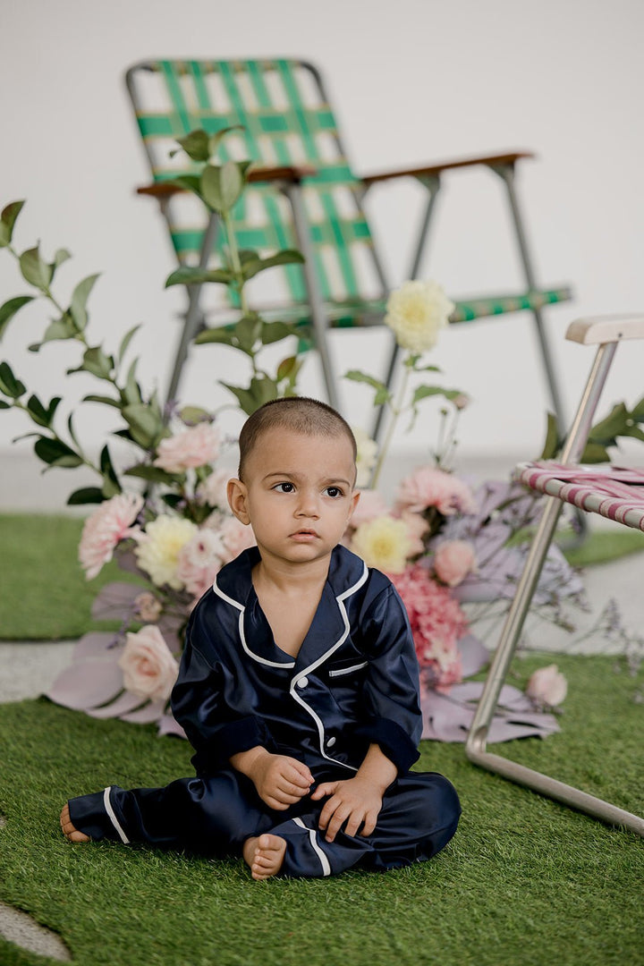 Kids Satin Personalised Pyjama Set - Long Sleeve with Long Pants Navy/White