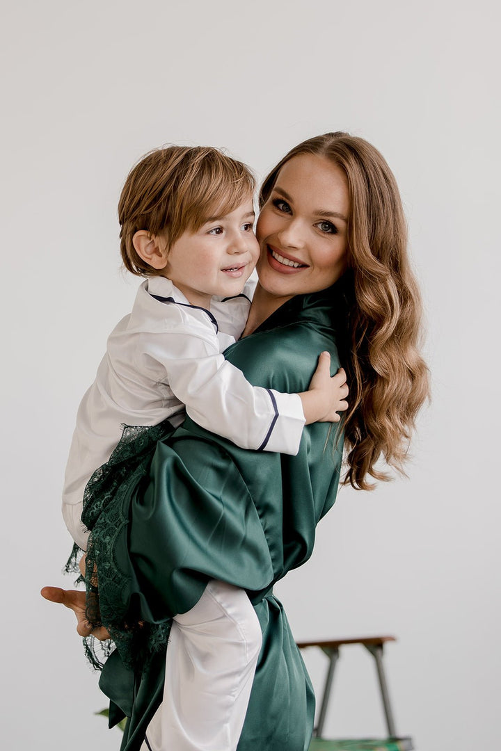Kids Satin Personalised Pyjama Set - Long Sleeve with Long Pants White/Navy (Faulty/Final Sale)