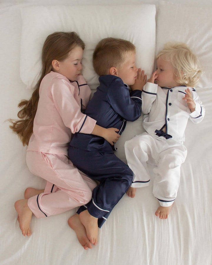 Kids Satin Personalised Pyjama Set - Long Sleeve with Long Pants White/Navy (Faulty/Final Sale)