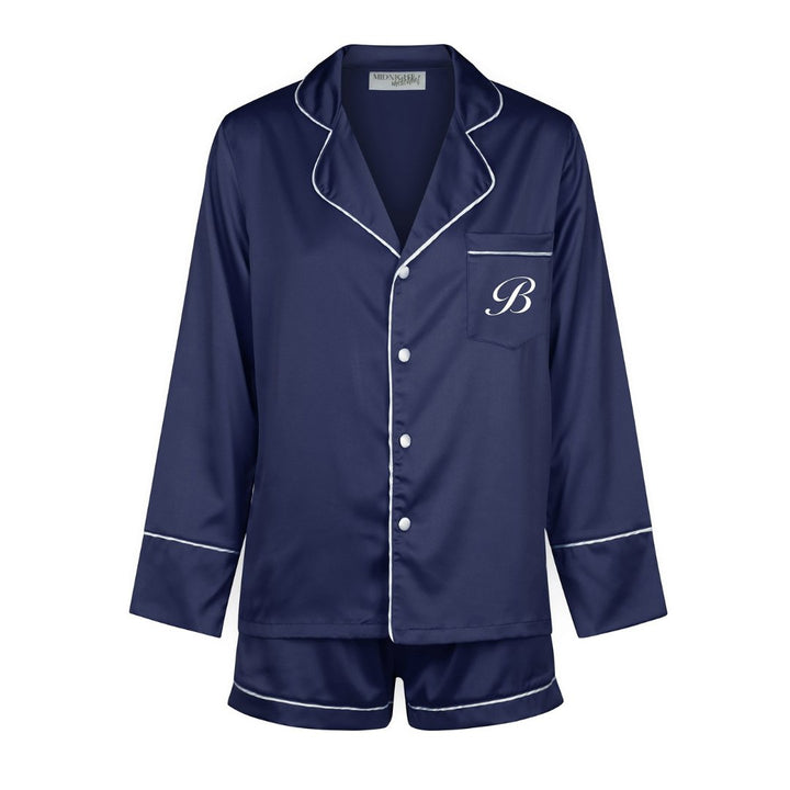 Kids Satin Personalised Pyjama Set - Long Sleeve with Shorts Navy/White