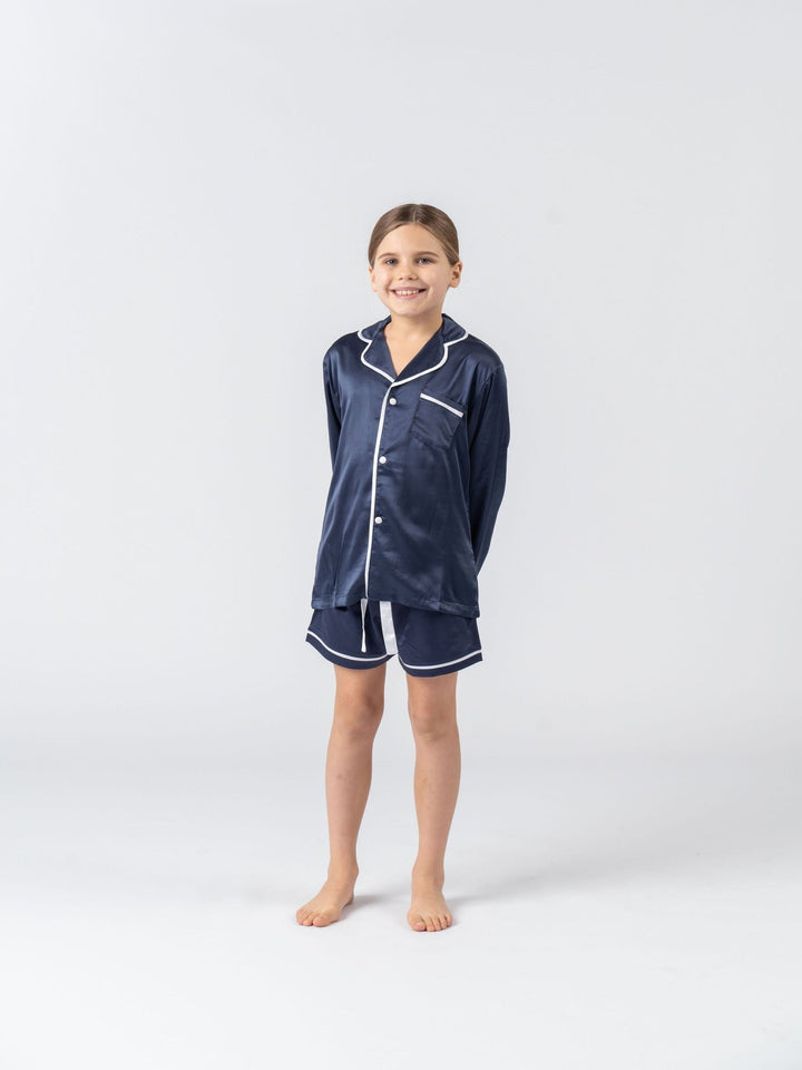 Kids Satin Personalised Pyjama Set - Long Sleeve with Shorts Navy/White