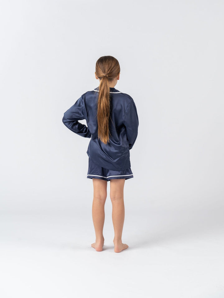 Kids Satin Personalised Pyjama Set - Long Sleeve with Shorts Navy/White