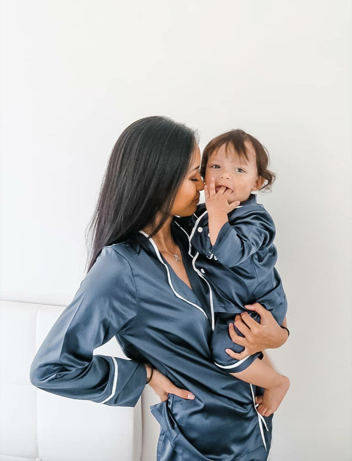 Kids Satin Personalised Pyjama Set - Long Sleeve with Shorts Navy/White