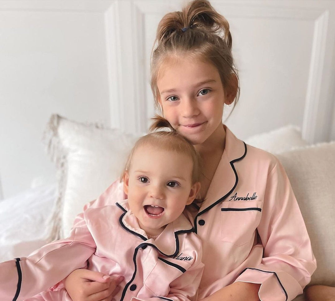 Kids Satin Personalised Pyjama Set - Long Sleeve with Shorts Pink/Navy