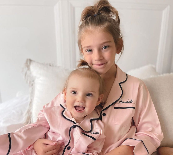 Kids Satin Personalised Pyjama Set - Long Sleeve with Shorts Pink/Navy