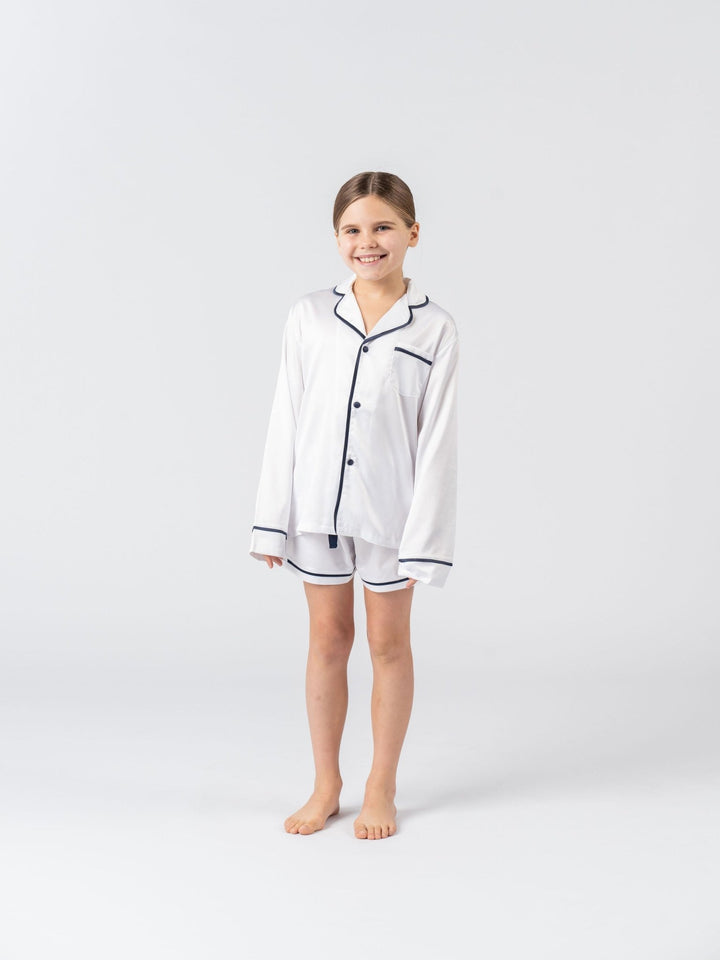 Kids Satin Personalised Pyjama Set - Long Sleeve with Shorts White/Navy