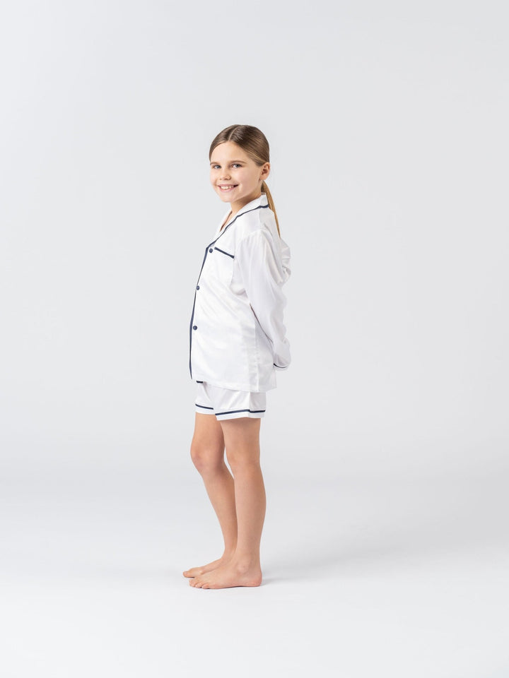 Kids Satin Personalised Pyjama Set - Long Sleeve with Shorts White/Navy
