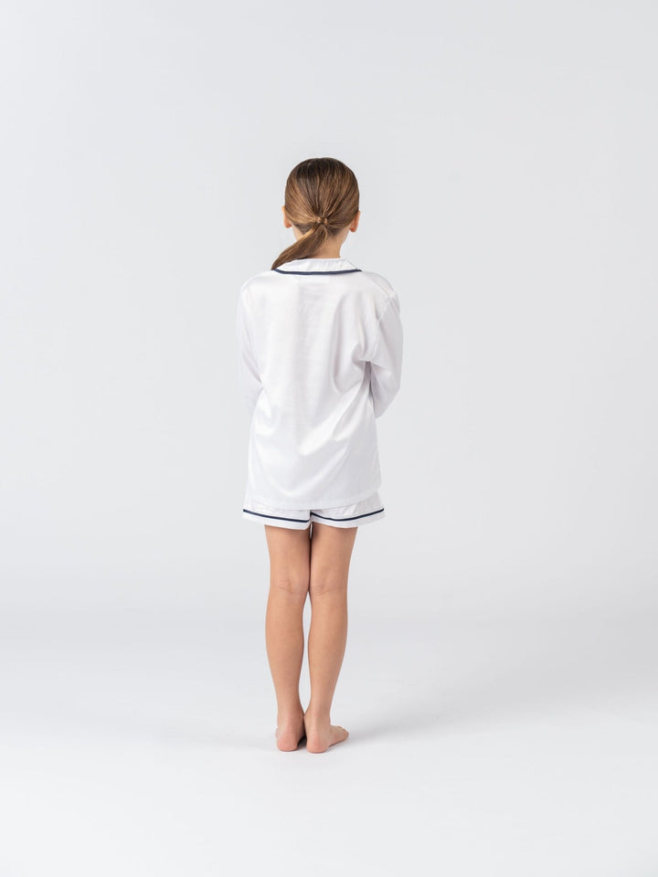 Kids Satin Personalised Pyjama Set - Long Sleeve with Shorts White/Navy