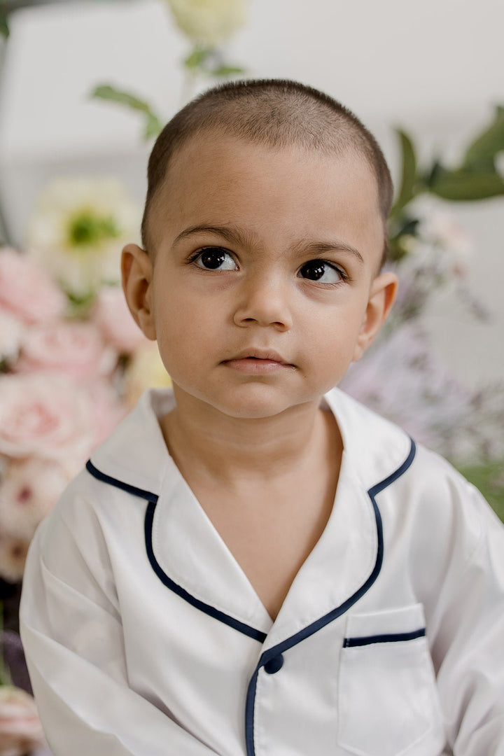 Kids Satin Personalised Pyjama Set - Long Sleeve with Shorts White/Navy