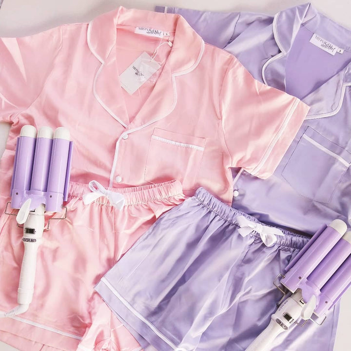 Kids Satin Personalised Pyjama Set - Purple/White