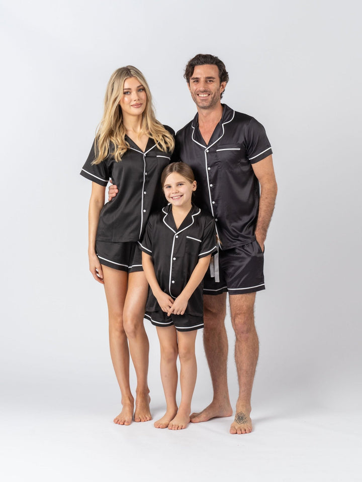 Kids Satin Personalised Pyjama Set - Short Sleeve Black/White
