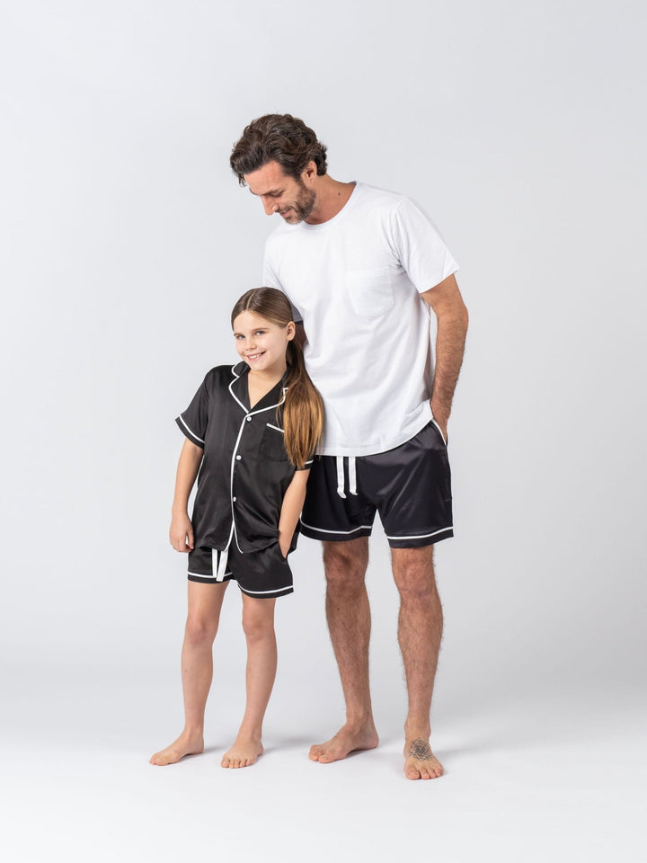 Kids Satin Personalised Pyjama Set - Short Sleeve Black/White