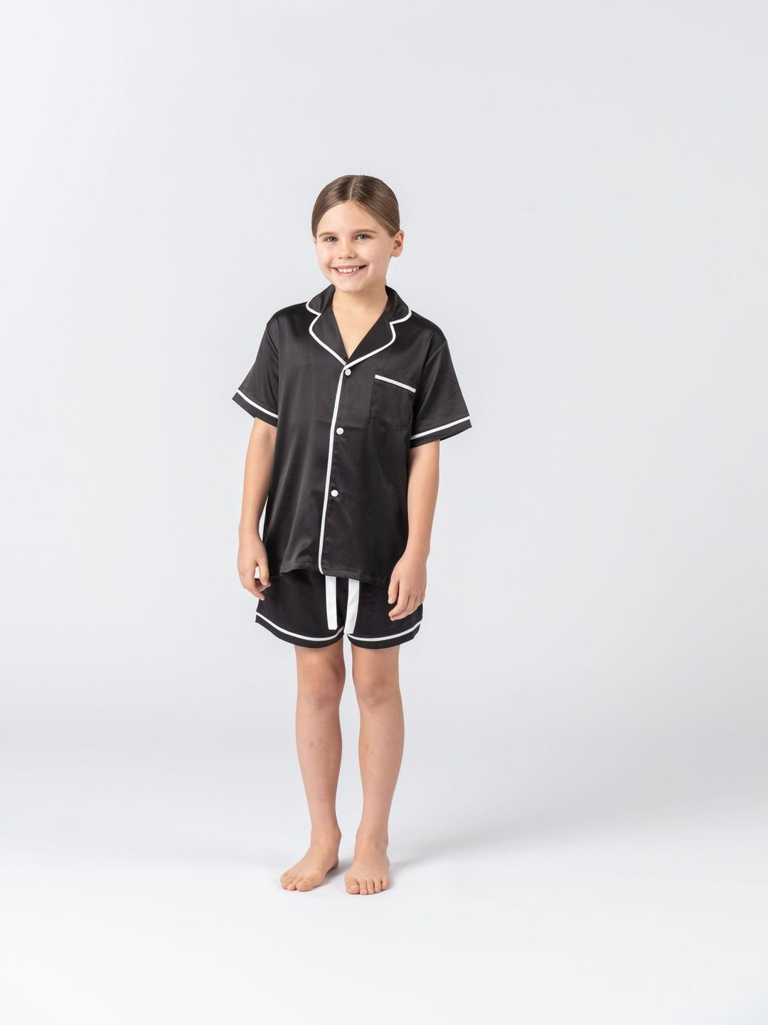 Kids Satin Personalised Pyjama Set - Short Sleeve Black/White
