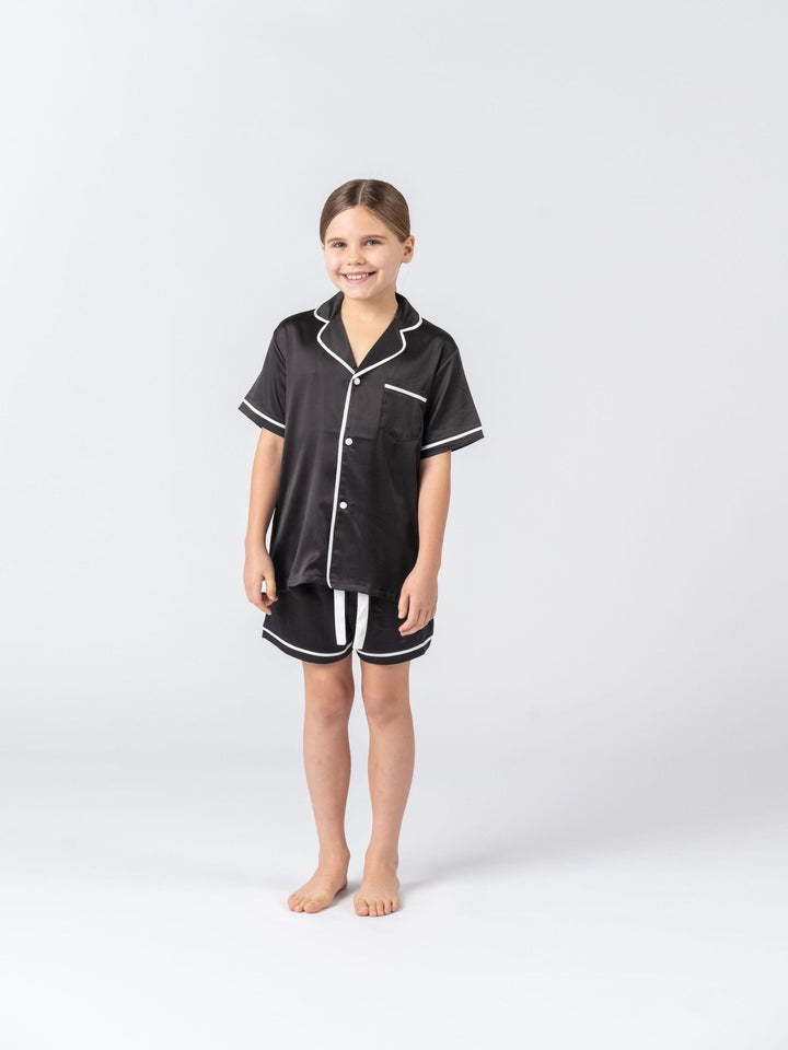 Kids Satin Personalised Pyjama Set - Short Sleeve Black/White
