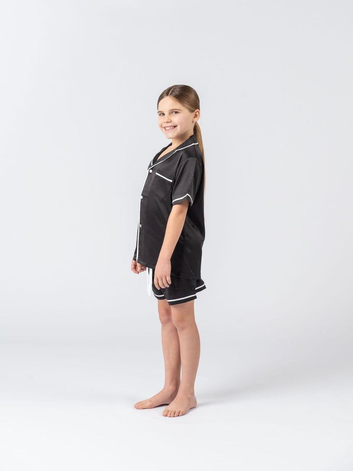 Kids Satin Personalised Pyjama Set - Short Sleeve Black/White