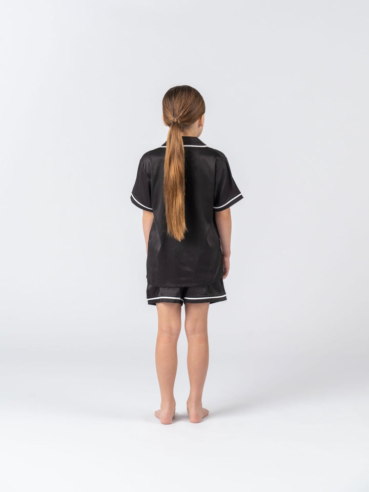 Kids Satin Personalised Pyjama Set - Short Sleeve Black/White