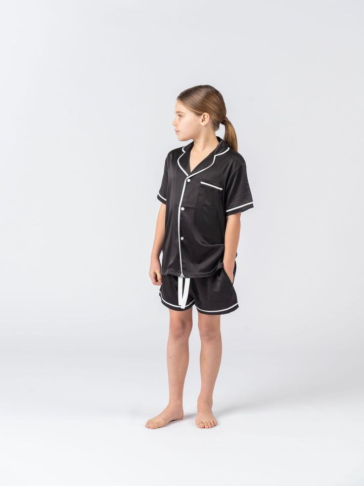Kids Satin Personalised Pyjama Set - Short Sleeve Black/White