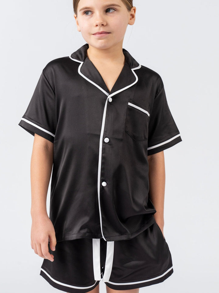 Kids Satin Personalised Pyjama Set - Short Sleeve Black/White