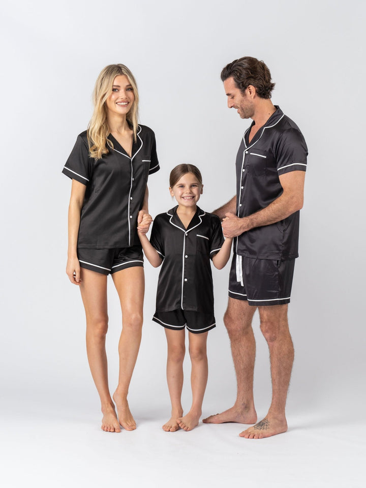 Kids Satin Personalised Pyjama Set - Short Sleeve Black/White