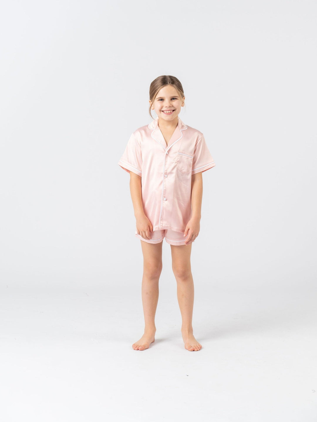 Kids Satin Personalised Pyjama Set - Short Sleeve Bubble Gum Pink/White