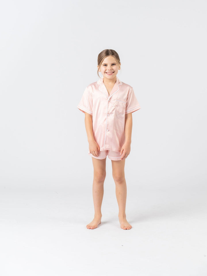 Kids Satin Personalised Pyjama Set - Short Sleeve Bubble Gum Pink/White