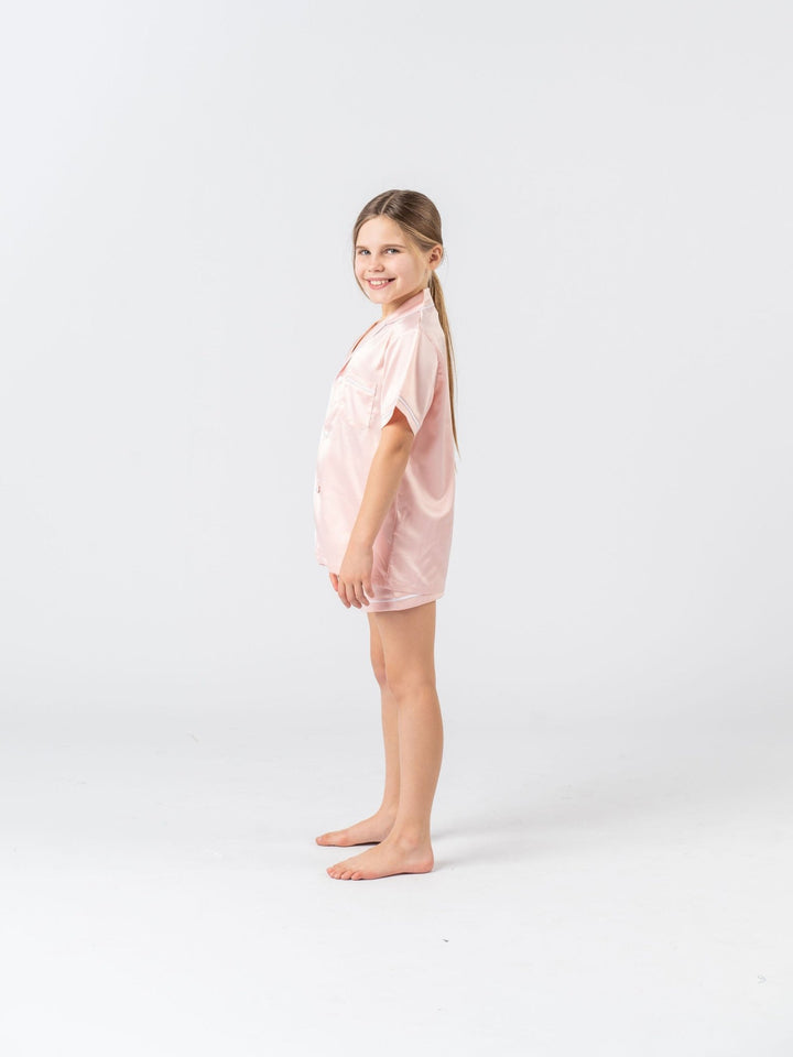 Kids Satin Personalised Pyjama Set - Short Sleeve Bubble Gum Pink/White
