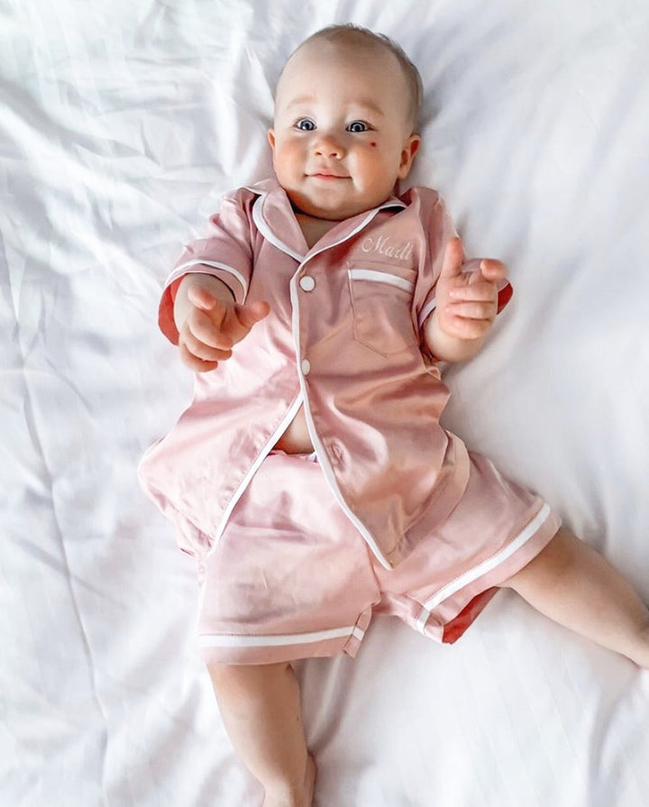 Kids Satin Personalised Pyjama Set - Short Sleeve Dusty Pink/White