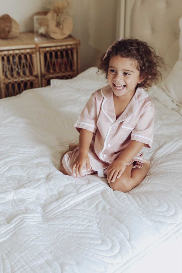 Kids Satin Personalised Pyjama Set - Short Sleeve Dusty Pink/White