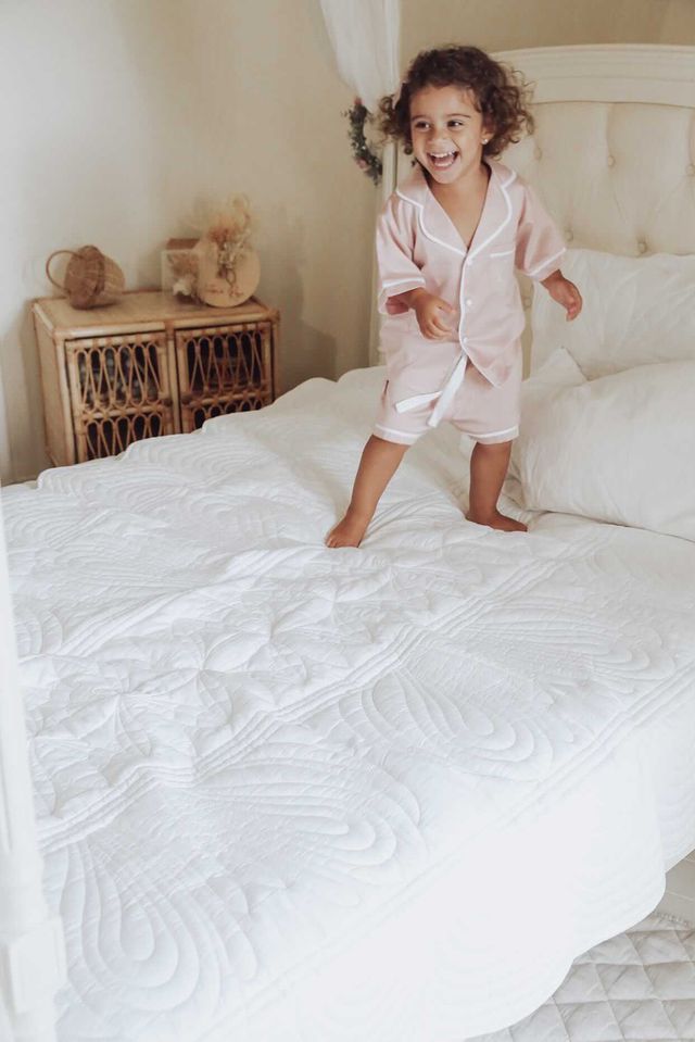 Kids Satin Personalised Pyjama Set - Short Sleeve Dusty Pink/White