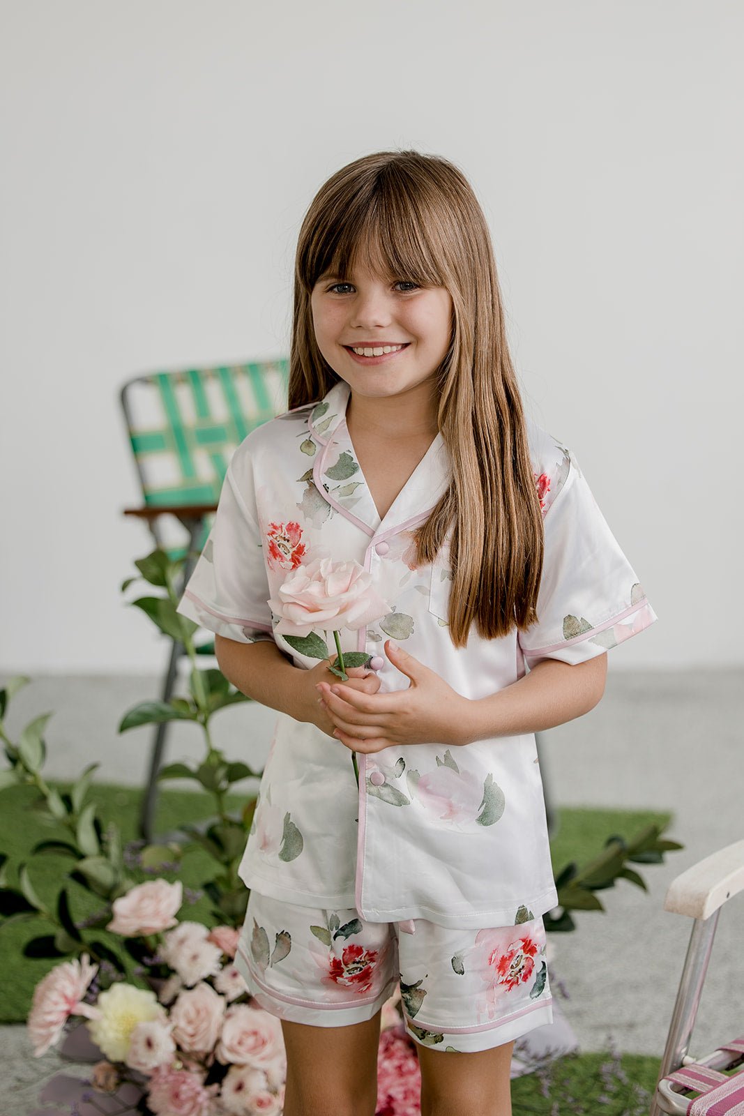 Kids Satin Personalised Pyjama Set - Short Sleeve Floral Print