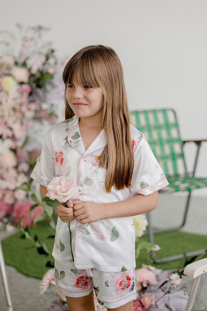 Kids Satin Personalised Pyjama Set - Short Sleeve Floral Print