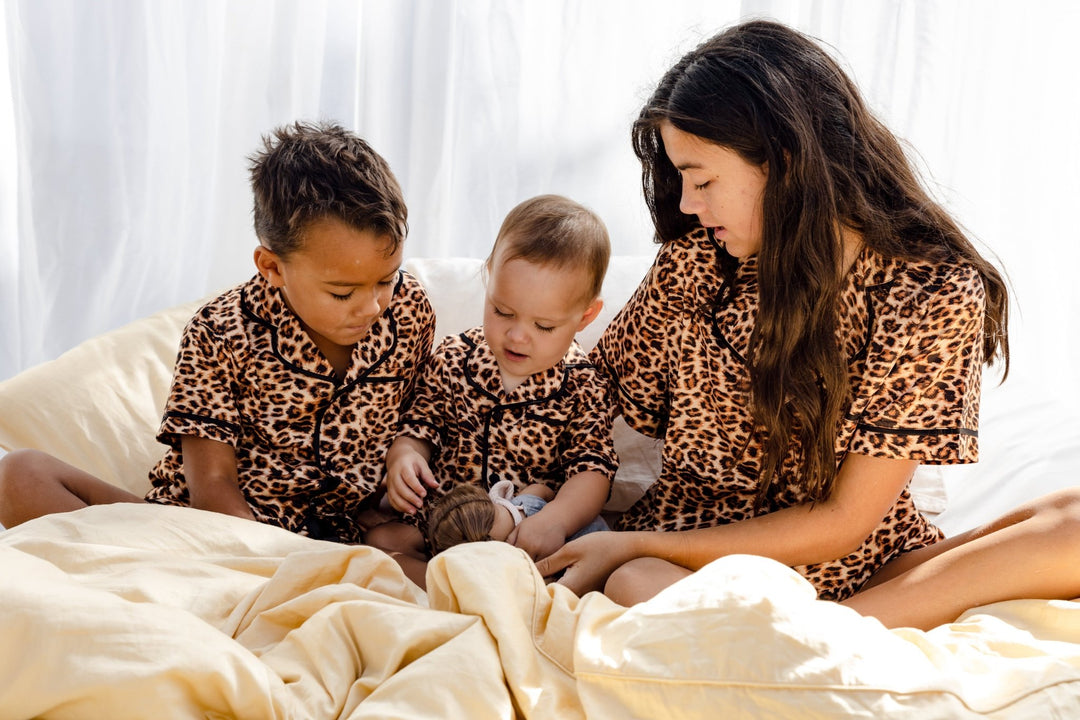 Kids Satin Personalised Pyjama Set - Short Sleeve Leopard Print
