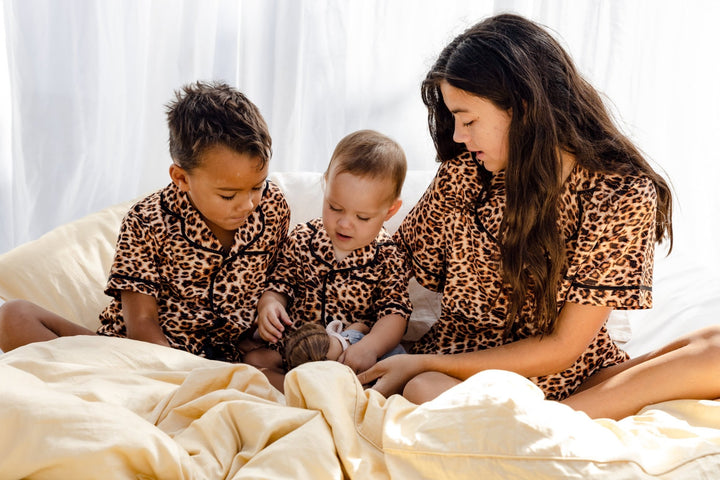 Kids Satin Personalised Pyjama Set - Short Sleeve Leopard Print